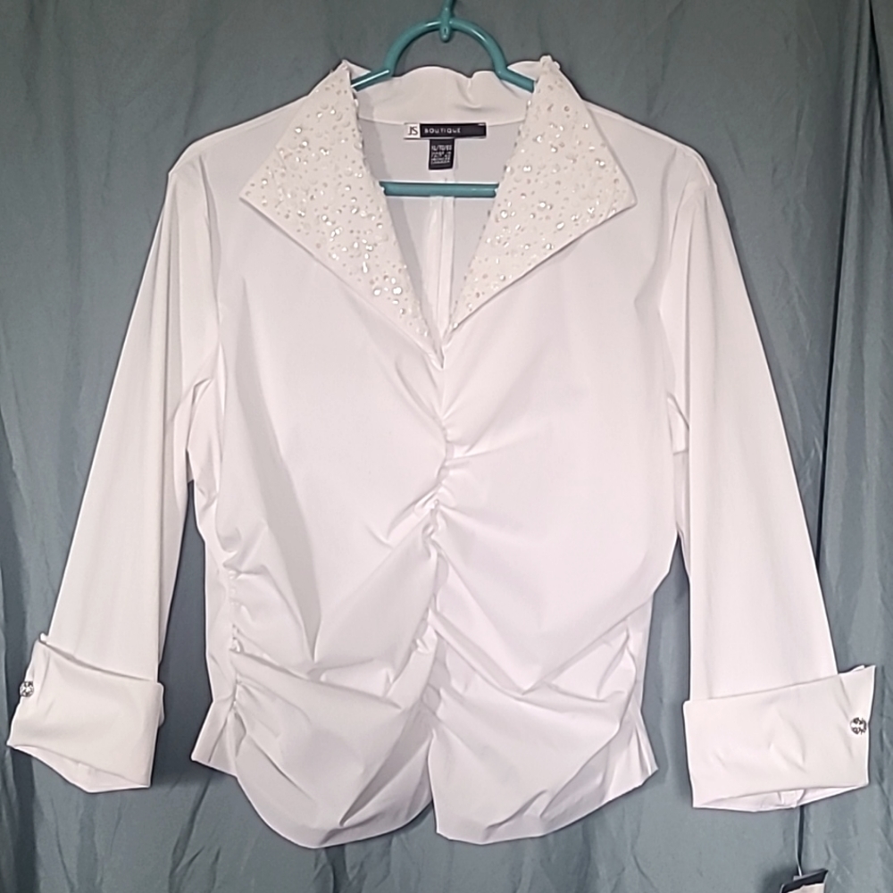 JS Boutique white blouse with sequins. Made in Canada